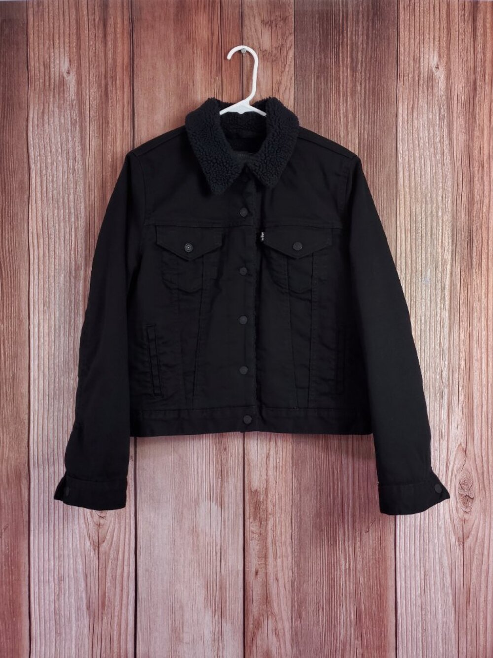 Levis Original Sherpa Trucker Jacket Womens Small Slim Fit Fleece Coat Black